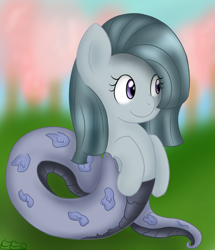 Size: 944x1097 | Tagged: safe, artist:freefraq, character:marble pie, species:lamia, cherry blossoms, female, flower, flower blossom, grass, original species, snake pony, solo, tree