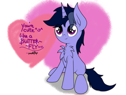 Size: 2048x1536 | Tagged: safe, artist:kimjoman, oc, oc only, oc:purple flix, species:pony, ^c^, chest fluff, cute, heart, heart background, heart eyes, male, simple background, sitting, solo, text, white background, wingding eyes