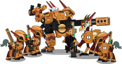 Size: 5894x3121 | Tagged: safe, artist:vector-brony, species:pony, armor, fire warrior, kroot, ponified, power armor, pulse rifle, railgun, simple background, tau, tau empire, transparent background, warhammer (game), warhammer 40k, weapon, xv88 broadside battlesuit