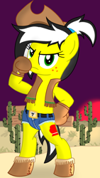 Size: 1080x1920 | Tagged: safe, artist:toyminator900, oc, oc only, oc:uppercute, species:earth pony, species:pony, belly button, belt, bipedal, boots, boxing gloves, cactus, clothing, cowboy hat, daisy dukes, desert, freckles, hat, looking at you, shoes, shorts, solo, stetson, sun