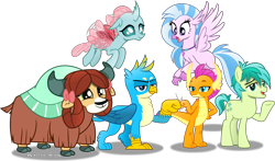 Size: 6480x3820 | Tagged: safe, artist:vector-brony, character:gallus, character:ocellus, character:sandbar, character:silverstream, character:smolder, character:yona, species:changeling, species:classical hippogriff, species:dragon, species:earth pony, species:griffon, species:hippogriff, species:pony, species:reformed changeling, species:yak, episode:school daze, g4, my little pony: friendship is magic, absurd resolution, cloven hooves, dragoness, female, fist bump, flying, jewelry, male, monkey swings, necklace, simple background, student six, teenager, transparent background, transparent wings, vector