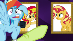 Size: 1966x1107 | Tagged: safe, artist:masem, artist:семена мертвых, edit, edited screencap, screencap, character:granny smith, character:rainbow dash, character:sunset shimmer, species:pony, species:unicorn, episode:grannies gone wild, equestria girls:forgotten friendship, g4, my little pony: equestria girls, my little pony: friendship is magic, my little pony:equestria girls, granny smith choosing poster, meme, open mouth, raised hoof, saddle bag