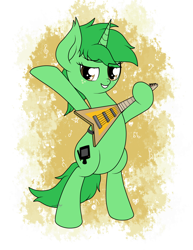 Size: 1736x2248 | Tagged: safe, artist:kimjoman, oc, oc only, oc:pisty, species:pony, bipedal, cute, female, guitar, looking at you, music notes, playing instrument, solo, standing