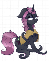 Size: 667x820 | Tagged: safe, artist:dragonpone, artist:paskanaakka, derpibooru original, edit, oc, oc only, oc:belladonna lamia, species:pony, species:unicorn, back scratching, butt freckles, chest fluff, cloak, clothing, color edit, colored, colored sketch, female, floppy ears, freckles, lidded eyes, mare, nose wrinkle, scratching, smiling, solo, tentacle legs, tentacles, wat