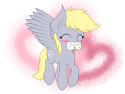 Size: 2048x1536 | Tagged: safe, artist:kimjoman, character:derpy hooves, species:pegasus, species:pony, blushing, cute, derpabetes, envelope, eyes closed, female, flying, food, happy, heart, heart background, mail, mouth hold, muffin, nom, solo, text
