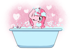 Size: 2048x1536 | Tagged: safe, artist:kimjoman, oc, oc only, oc:rosa flame, species:pony, bath, bathtub, bubble, cute, female, heart, heart eyes, looking at you, one eye closed, smiling, solo, wet, wingding eyes, wink
