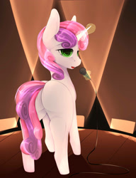 Size: 2000x2600 | Tagged: safe, artist:chapaevv, character:sweetie belle, species:pony, species:unicorn, commission, female, filly, glowing horn, looking at you, looking back, magic, microphone, plot, singing, solo, stage, sweetie butt, telekinesis