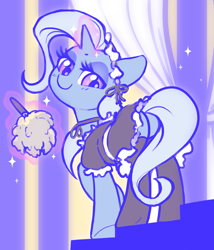 Size: 1415x1651 | Tagged: safe, artist:dawnfire, character:trixie, species:pony, species:unicorn, butt, clothing, cute, diatrixes, dock, duster, female, levitation, looking at you, looking back, looking back at you, magic, maid, mare, plot, skirt, solo, telekinesis, the great and powerful ass, upskirt