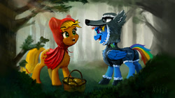 Size: 1500x844 | Tagged: safe, artist:xbi, character:applejack, character:rainbow dash, species:earth pony, species:pegasus, species:pony, animal costume, big bad wolf, clothing, costume, duo, female, forest, little red riding hood, mare, wolf costume