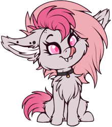 Size: 310x353 | Tagged: safe, artist:meggchan, oc, oc only, oc:candy quartz, species:bat pony, species:pony, bat pony oc, bell, blep, chest fluff, chibi, collar, cute, ear piercing, fangs, female, floppy ears, fluffy, licking, licking lips, mare, mlem, piercing, redraw, shaved mane, silly, simple background, sitting, solo, tongue out, transparent background, two toned mane, weapons-grade cute