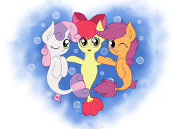 Size: 2048x1536 | Tagged: safe, artist:kimjoman, character:apple bloom, character:scootaloo, character:sweetie belle, species:pegasus, species:pony, species:seapony (g4), episode:surf and/or turf, g4, my little pony: friendship is magic, season 8, accessories, bow, cute, cutie mark crusaders, female, filly, heart, heart background, looking at you, one eye closed, sea-mcs, seaponified, seapony apple bloom, seapony scootaloo, seapony sweetie belle, smiling, species swap, wink