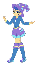 Size: 1300x2190 | Tagged: safe, artist:mashoart, character:flash sentry, my little pony:equestria girls, boots, clothes swap, clothing, crossdressing, crossplay, cute, dress, eyelashes, girly sentry, hat, high heel boots, hoodie, looking at you, male, shoes, simple background, skirt, solo, stockings, thigh highs, transparent background, trixie's hat