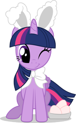 Size: 7000x11389 | Tagged: safe, artist:luckreza8, character:twilight sparkle, character:twilight sparkle (alicorn), species:alicorn, species:pony, absurd resolution, bow, bunny ears, clothing, costume, cute, easter, easter bunny, easter egg, female, holiday, mare, one eye closed, simple background, sitting, smiling, solo, transparent background, twiabetes, vector, wink