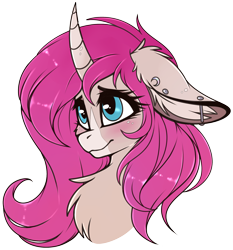 Size: 1833x1965 | Tagged: safe, artist:meggchan, oc, oc only, oc:tarot, species:classical unicorn, species:pony, species:unicorn, blushing, bust, chest fluff, cute, ear piercing, female, fluffy, freckles, looking up, mare, palomino, piercing, shy, simple background, solo, transparent background