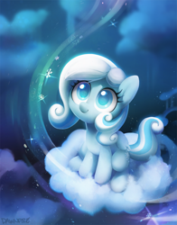 Size: 1886x2400 | Tagged: safe, artist:dawnfire, oc, oc only, oc:snowdrop, species:pegasus, species:pony, blind, cloud, colored pupils, cute, cutie mark, female, filly, foal, hooves, looking up, night, night sky, ocbetes, on a cloud, signature, sitting, sitting on a cloud, sky, smiling, snow, snowflake, solo, starry night, wings