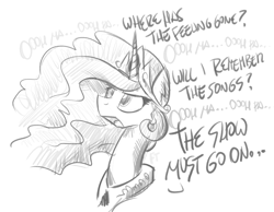 Size: 3000x2329 | Tagged: safe, artist:flutterthrash, character:princess celestia, episode:horse play, g4, my little pony: friendship is magic, dialogue, monochrome, pink floyd, simple background, song reference, that was fast, the wall, white background