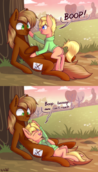 Size: 1840x3242 | Tagged: safe, artist:dsp2003, oc, oc only, oc:jack of trades, oc:jai heart, species:earth pony, species:pony, species:unicorn, blushing, boop, clothing, colt, comic, commission, cute, cutie mark, dawwww, dialogue, hnnng, hoodie, jacket, looking at each other, male, ocbetes, size difference, tree