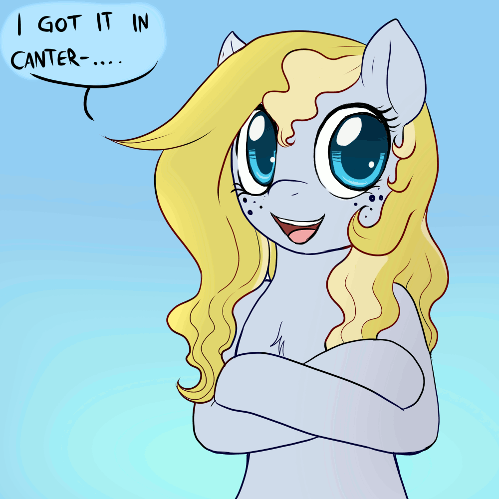 Size: 1000x1000 | Tagged: safe, artist:evomanaphy, oc, oc only, oc:evo, species:earth pony, species:pony, animated, bipedal, chest fluff, collar, crossed arms, dialogue, eyes closed, female, freckles, gif, looking at you, mare, open mouth, shrunken pupils, smiling, solo, text, wat