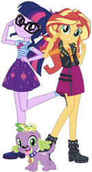 Size: 614x1149 | Tagged: safe, artist:cheezedoodle96, editor:php77, character:ray, character:spike, character:spike (dog), character:sunset shimmer, character:twilight sparkle, character:twilight sparkle (scitwi), species:dog, species:eqg human, ship:scitwishimmer, ship:sunsetsparkle, g4, my little pony: equestria girls, my little pony:equestria girls, boots, bow tie, clothing, female, geode of empathy, geode of telekinesis, glasses, high heel boots, jacket, leather jacket, leopard gecko, lesbian, looking at you, magical geodes, peace sign, ponytail, raised leg, ray, shipping, shoes, simple background, skirt, socks, transparent background