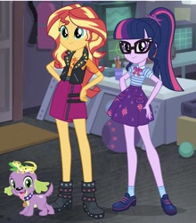 Size: 811x922 | Tagged: safe, artist:cheezedoodle96, editor:php77, character:ray, character:spike, character:spike (dog), character:sunset shimmer, character:twilight sparkle, character:twilight sparkle (scitwi), species:dog, species:eqg human, ship:scitwishimmer, ship:sunsetsparkle, g4, my little pony: equestria girls, my little pony:equestria girls, bow tie, female, geode of empathy, geode of telekinesis, leopard gecko, lesbian, looking at you, magical geodes, ray, shipping, spike's dog collar, tongue out