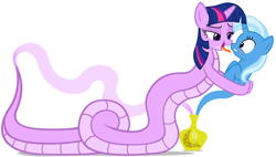 Size: 1188x676 | Tagged: safe, artist:navitaserussirus, edit, character:trixie, character:twilight sparkle, species:lamia, asktwixiegenies, ship:twixie, blushing, female, forked tongue, genie, lamiafied, lesbian, original species, shipping, species swap, tongue out, twilamia