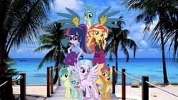 Size: 2048x1144 | Tagged: safe, artist:cheezedoodle96, editor:php77, character:gallus, character:ocellus, character:sandbar, character:silverstream, character:smolder, character:sunset shimmer, character:twilight sparkle, character:twilight sparkle (scitwi), species:changeling, species:classical hippogriff, species:dragon, species:earth pony, species:eqg human, species:griffon, species:hippogriff, species:pony, species:reformed changeling, episode:school daze, g4, my little pony: equestria girls, my little pony: friendship is magic, my little pony:equestria girls, dragoness, edited photo, equestria girls in real life, female, geode of empathy, geode of telekinesis, irl, magical geodes, male, palm tree, photo, ponies in real life, spread wings, teenager, tree, wings