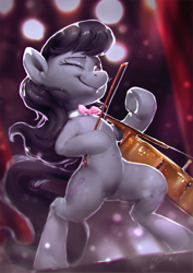 Size: 850x1200 | Tagged: safe, artist:assasinmonkey, character:octavia melody, species:earth pony, species:pony, belly button, bow (instrument), bow tie, cello, cello bow, crying, eyes closed, female, mare, musical instrument, semi-anthro, solo, stage, underhoof
