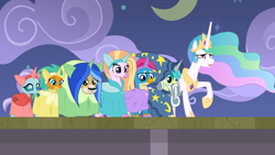 Size: 4096x2304 | Tagged: safe, artist:frownfactory, character:gallus, character:ocellus, character:princess celestia, character:sandbar, character:silverstream, character:smolder, character:yona, species:alicorn, species:changeling, species:classical hippogriff, species:dragon, species:earth pony, species:griffon, species:hippogriff, species:pony, species:reformed changeling, species:yak, episode:horse play, g4, my little pony: friendship is magic, .svg available, clothing, costume, crown, dragoness, faec, fake beard, fake cutie mark, fake ears, fake horn, female, hat, hoof shoes, jewelry, line-up, male, mare, multicolored hair, prosthetic butt, raised hoof, regalia, star swirl the bearded costume, student six, svg, teenaged dragon, teenager, vector, wallpaper, wig, wings, wizard hat
