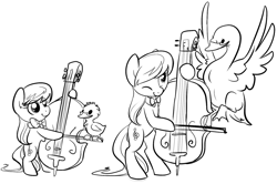 Size: 1280x848 | Tagged: safe, artist:php27, character:octavia melody, species:earth pony, species:pony, bipedal, cello, female, filly, foal, mare, monochrome, musical instrument, pet, smiling, solo, swan, younger