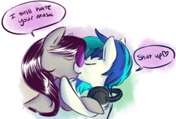 Size: 500x339 | Tagged: safe, artist:php27, character:dj pon-3, character:octavia melody, character:vinyl scratch, species:earth pony, species:pony, species:unicorn, ship:scratchtavia, female, headphones, kissing, lesbian, mare, shipping, tsundere