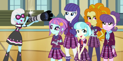 Size: 1468x720 | Tagged: safe, artist:thecheeseburger, artist:themexicanpunisher, artist:xebck, character:adagio dazzle, character:coco pommel, character:photo finish, character:rarity, character:sunny flare, character:suri polomare, my little pony:equestria girls, alternate universe, auditorium, canterlot high, clothing, equestria girls-ified, female, school uniform