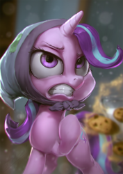 Size: 850x1200 | Tagged: safe, artist:assasinmonkey, character:starlight glimmer, species:pony, species:unicorn, episode:the parent map, g4, blanket, blankie, clothing, cookie, female, food, headscarf, mare, scarf, solo