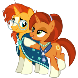 Size: 3200x3200 | Tagged: safe, artist:cheezedoodle96, character:stellar flare, character:sunburst, species:pony, species:unicorn, episode:the parent map, g4, .svg available, balancing, clothing, eye contact, female, jewelry, looking at each other, male, mare, milf, mother and son, necklace, pearl necklace, proud, scarf, simple background, socks (coat marking), stallion, stellar milf, svg, transparent background, vector