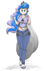 Size: 1200x1940 | Tagged: safe, artist:flutterthrash, character:princess luna, species:human, band shirt, belly button, breasts, clothing, devil horn (gesture), female, gesture, harness, hipgnosis, humanized, jeans, looking at you, midriff, over shoulder, pants, parachute, pink floyd, shirt, simple background, smiling, solo, t-shirt, the dark side of the moon, walking towards you