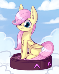 Size: 1024x1280 | Tagged: safe, artist:dsp2003, character:fluttershy, species:pegasus, species:pony, ^^, a hat in time, cloud, cloudsdale, crossover, cute, dsp2003 is trying to murder us, ear fluff, female, filly, filly fluttershy, ponies riding roombas, roomba, roombashy, rumbi, shyabetes, signature, smiling, solo, younger