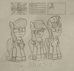 Size: 1714x1648 | Tagged: safe, artist:moonatik, character:applejack, character:octavia melody, character:starlight glimmer, allies, amerijack, angry, artist, boots, britavia, clothing, confident, military uniform, murica, shoes, soviet union, stalin glimmer, sunglasses, united kingdom, united states, world war ii