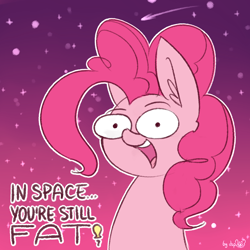 Size: 1536x1536 | Tagged: safe, artist:dsp2003, character:pinkie pie, species:earth pony, species:pony, brutal honesty, bust, captain obvious, comic, dialogue, ear fluff, female, mare, open mouth, signature, single panel, space, style emulation, wat