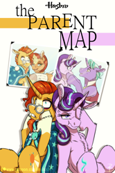 Size: 900x1356 | Tagged: safe, artist:inuhoshi-to-darkpen, character:firelight, character:starlight glimmer, character:stellar flare, character:sunburst, species:pony, species:unicorn, episode:the parent map, g4, cape, chest fluff, clothing, cover art, cross-popping veins, cutie mark, father and daughter, female, flower, glowing horn, magic, male, mare, mother and son, movie poster, parody, squishy cheeks, stressed, telekinesis, unshorn fetlocks