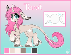 Size: 2988x2328 | Tagged: safe, artist:meggchan, oc, oc only, oc:tarot, species:classical unicorn, species:pony, species:unicorn, blue eyes, chest fluff, cloven hooves, curved horn, ear piercing, female, floppy ears, fluffy, freckles, leonine tail, long mane, long tail, looking at you, mare, palomino, piercing, pink mane, reference sheet, smiling, solo, underhoof, unshorn fetlocks