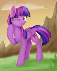 Size: 718x893 | Tagged: safe, artist:dusthiel, character:twilight sparkle, character:twilight sparkle (alicorn), species:alicorn, species:pony, g4, cheek fluff, chest fluff, cute, ear fluff, female, fluffy, grass, heart, hoof fluff, hooves, looking at you, mare, one eye closed, raised hoof, smiling, solo, three quarter view, twiabetes, wink