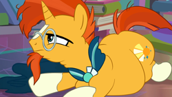Size: 1366x768 | Tagged: safe, artist:lupin quill, character:sunburst, species:pony, episode:the parent map, g4, belly, bhm, big belly, chubby, chubby cheeks, double chin, fat, large butt, male, plot, scene interpretation, solo, sunblob