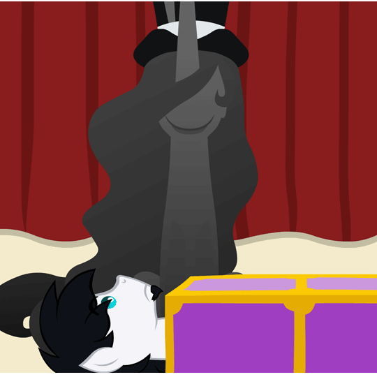 Size: 540x540 | Tagged: safe, artist:aha-mccoy, oc, oc only, oc:anonlestia, oc:gamercolt, species:earth pony, species:pony, animated, ask, box, box sawing trick, chainsaw, clothing, female, hat, magic trick, male, mare, nopony-ask-mclovin, original species, stallion, top hat, tumblr