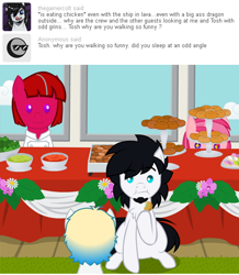 Size: 540x620 | Tagged: safe, artist:aha-mccoy, oc, oc only, oc:gamercolt, oc:tosh, species:earth pony, species:pony, animated, ask, buffet, male, nopony-ask-mclovin, ponies eating meat, robot, robot pony, stallion, this will end in weight gain, tumblr