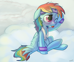Size: 900x760 | Tagged: source needed, safe, artist:php27, character:rainbow dash, species:pegasus, species:pony, armband, blep, cloud, drool, exercise, female, floppy ears, headband, mare, messy mane, sitting, solo, sweat, tired, tongue out, towel, wink, wristband