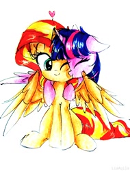 Size: 1714x2250 | Tagged: safe, artist:liaaqila, character:sunset shimmer, character:twilight sparkle, character:twilight sparkle (alicorn), species:alicorn, species:pony, ship:sunsetsparkle, alicornified, commission, cute, female, heart, horns are touching, hug, hug from behind, kissing, lesbian, race swap, shimmerbetes, shimmercorn, shipping, simple background, sitting, smiling, traditional art, twiabetes, white background