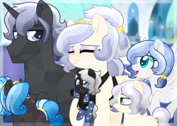 Size: 1024x729 | Tagged: safe, artist:tambelon, oc, oc only, oc:ebony glaze, oc:ivory sheen, oc:lapis lazuli, oc:obsidian, oc:opalescent pearl, oc:somber night, parent:king sombra, parent:oc:opalescent pearl, parent:oc:prince topaz, parents:canon x oc, parents:oc x oc, species:crystal pony, species:pony, species:unicorn, brother and sister, colt, daughter, female, filly, hybrid, male, mare, mother, mother and daughter, mother and son, mother's day, next generation, offspring, onesie, papoose, parents:topalescent, siblings, son, stallion, topalescent