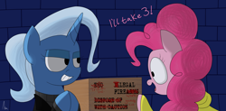 Size: 2780x1368 | Tagged: safe, artist:moonatik, character:pinkie pie, character:trixie, species:pony, episode:horse play, g4, my little pony: friendship is magic, box, clothing, illegal fireworks, jacket, marker, raincoat, signature, sweater, turtleneck, writing