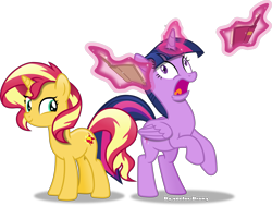 Size: 6443x4877 | Tagged: safe, artist:vector-brony, character:sunset shimmer, character:twilight sparkle, character:twilight sparkle (alicorn), species:alicorn, species:pony, species:unicorn, equestria girls:forgotten friendship, g4, my little pony: equestria girls, absurd resolution, book, cute, female, freakout, levitation, magic, mare, open mouth, rearing, screaming, shimmerbetes, simple background, smiling, telekinesis, that pony sure does love books, tongue out, transparent background