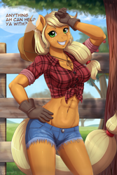 Size: 1933x2900 | Tagged: safe, artist:evomanaphy, character:applejack, species:anthro, species:earth pony, g4, abs, adorasexy, apple tree, applejack's hat, bandeau, belly button, breasts, cleavage, clothing, colored eyebrows, cowboy hat, cute, daisy dukes, dialogue, eyebrows, female, fence, freckles, front knot midriff, gloves, grin, hand on hip, hat, jackabetes, looking at you, mare, midriff, outdoors, pinup, sexy, shirt, shorts, smiling, solo, stupid sexy applejack, summer, tree