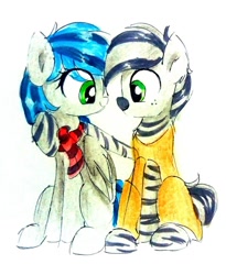 Size: 810x987 | Tagged: safe, artist:liaaqila, derpibooru original, oc, oc only, oc:bibbo, oc:xanadu, species:pegasus, species:pony, species:zebra, clothing, cute, female, hoof on shoulder, looking at each other, male, mare, scarf, simple background, sitting, smiling, traditional art, tunic, white background